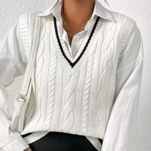 SHEIN White V-Neck Cable Knit Sweater Vest